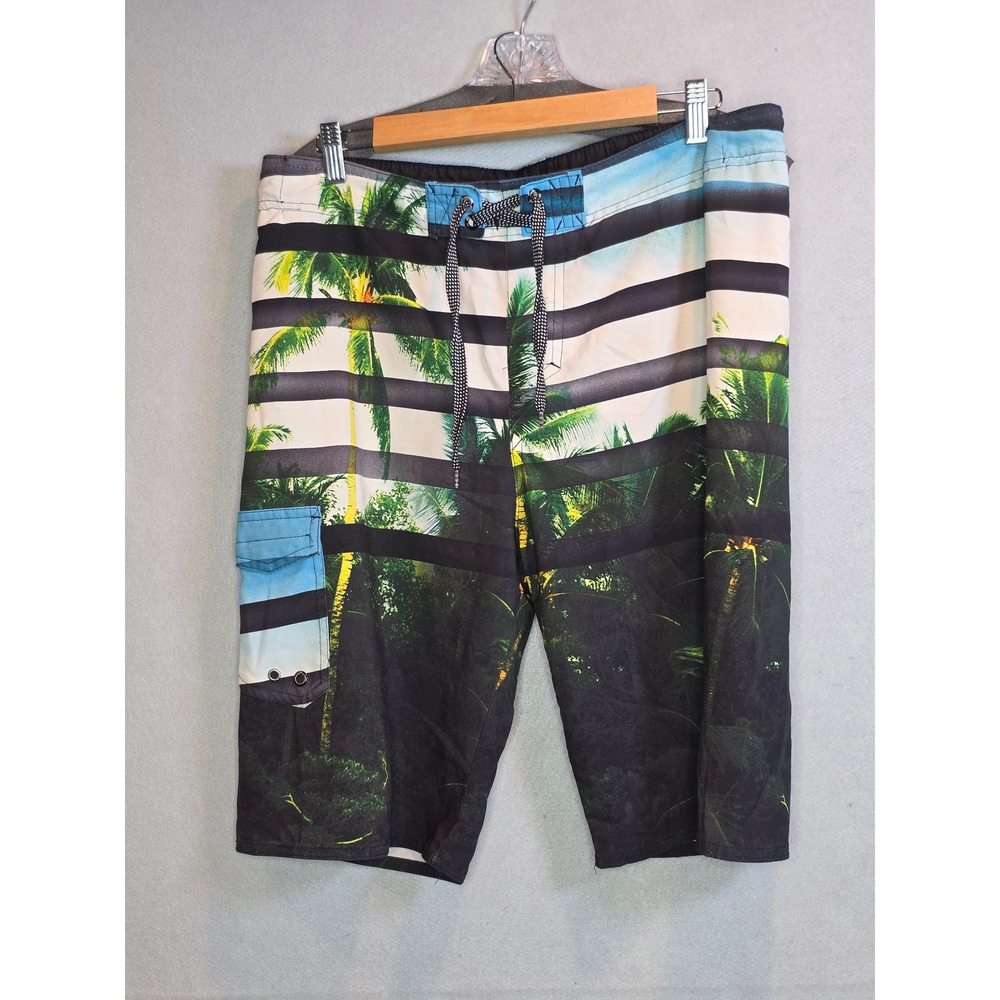 First Wave Mens Tropical Palm Tree Striped Board Shorts Blue Black 18/20